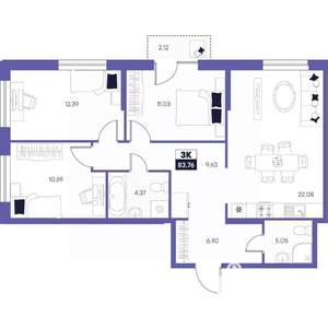 3-к квартира, строящийся дом, 84м2, 18/24 этаж