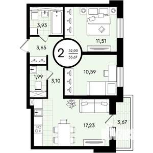 2-к квартира, строящийся дом, 56м2, 2/4 этаж