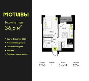 1-к квартира, вторичка, 37м2, 5/14 этаж