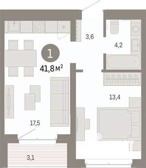 1-к квартира, вторичка, 42м2, 4/7 этаж