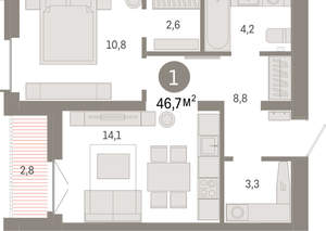 1-к квартира, вторичка, 47м2, 12/16 этаж