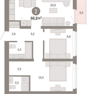 2-к квартира, вторичка, 67м2, 7/25 этаж