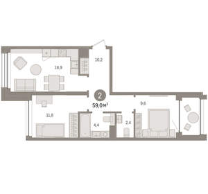 2-к квартира, вторичка, 59м2, 6/8 этаж