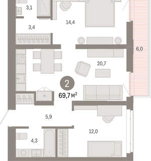 2-к квартира, вторичка, 70м2, 4/25 этаж