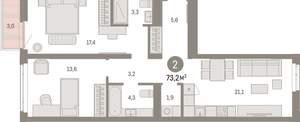 2-к квартира, вторичка, 73м2, 5/25 этаж