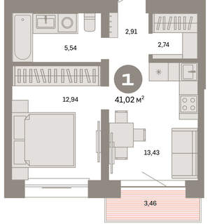 1-к квартира, вторичка, 41м2, 5/8 этаж