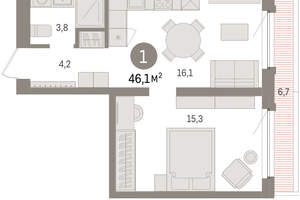 1-к квартира, вторичка, 46м2, 10/16 этаж