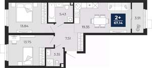 2-к квартира, вторичка, 67м2, 2/23 этаж