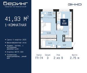 1-к квартира, вторичка, 42м2, 2/21 этаж