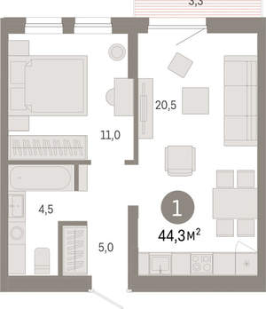 1-к квартира, вторичка, 44м2, 3/17 этаж