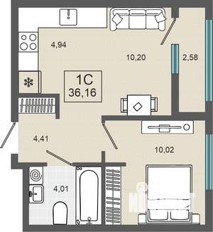 1-к квартира, строящийся дом, 36м2, 5/10 этаж