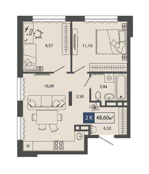 1-к квартира, строящийся дом, 49м2, 1/4 этаж