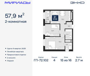 2-к квартира, вторичка, 58м2, 15/16 этаж