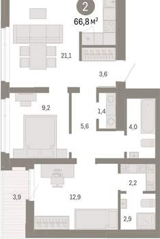 2-к квартира, вторичка, 67м2, 9/25 этаж