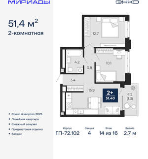 2-к квартира, вторичка, 51м2, 14/16 этаж
