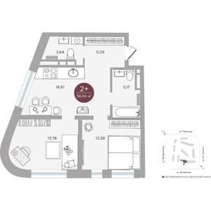 2-к квартира, вторичка, 57м2, 7/13 этаж
