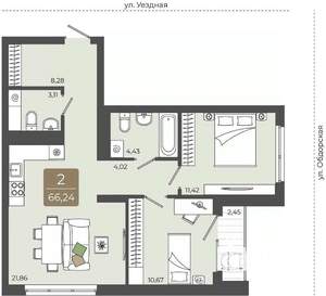 2-к квартира, вторичка, 66м2, 15/15 этаж