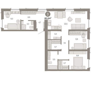 3-к квартира, вторичка, 86м2, 4/16 этаж