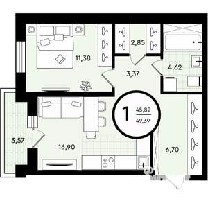 1-к квартира, вторичка, 49м2, 2/4 этаж