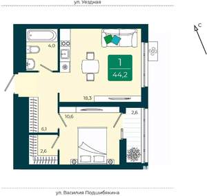1-к квартира, вторичка, 44м2, 7/16 этаж