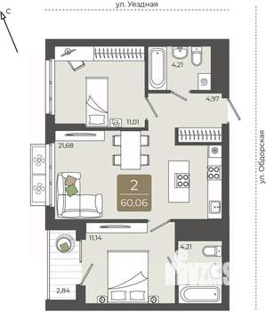 2-к квартира, вторичка, 60м2, 6/15 этаж