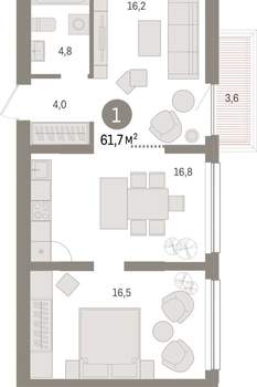 1-к квартира, вторичка, 62м2, 6/9 этаж