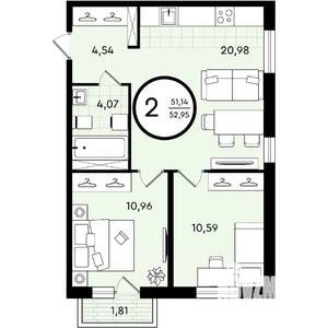 2-к квартира, строящийся дом, 53м2, 4/4 этаж