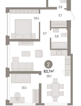 2-к квартира, вторичка, 64м2, 2/8 этаж