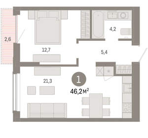 1-к квартира, вторичка, 46м2, 12/17 этаж