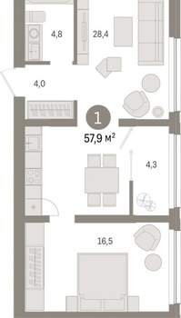 1-к квартира, вторичка, 58м2, 8/9 этаж