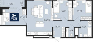 3-к квартира, вторичка, 76м2, 15/16 этаж