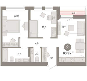 2-к квартира, вторичка, 60м2, 9/17 этаж