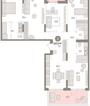 3-к квартира, вторичка, 147м2, 2/16 этаж