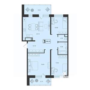 3-к квартира, строящийся дом, 88м2, 4/23 этаж