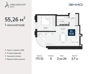 1-к квартира, вторичка, 55м2, 2/24 этаж