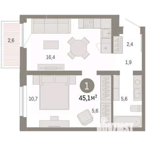 1-к квартира, вторичка, 45м2, 4/9 этаж