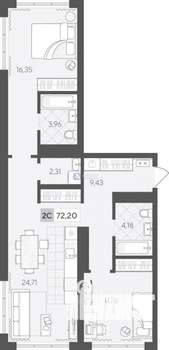 2-к квартира, вторичка, 72м2, 16/17 этаж