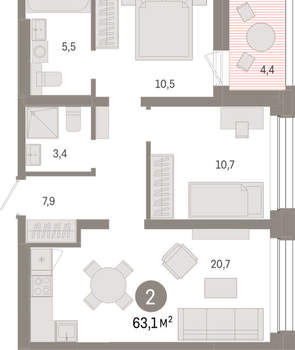 2-к квартира, вторичка, 63м2, 7/8 этаж