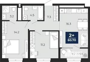 2-к квартира, вторичка, 61м2, 12/14 этаж