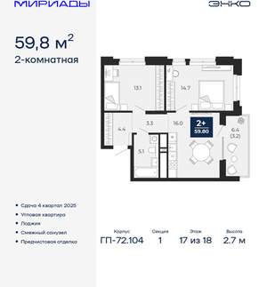 2-к квартира, вторичка, 60м2, 17/18 этаж