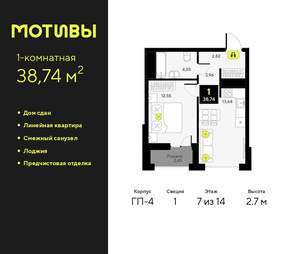 1-к квартира, сданный дом, 39м2, 7/14 этаж