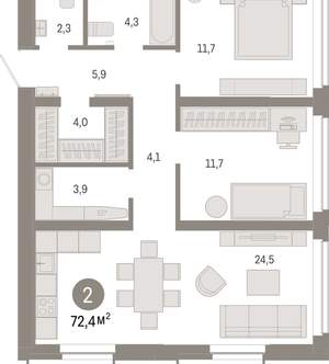 2-к квартира, вторичка, 72м2, 15/16 этаж