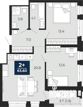 2-к квартира, вторичка, 64м2, 6/16 этаж