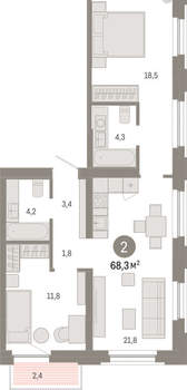 2-к квартира, вторичка, 68м2, 4/16 этаж