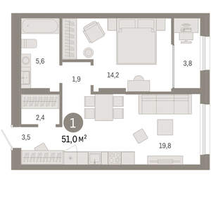 1-к квартира, вторичка, 51м2, 16/17 этаж