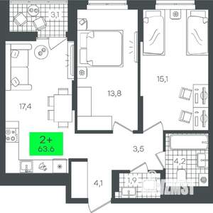 2-к квартира, строящийся дом, 64м2, 9/15 этаж