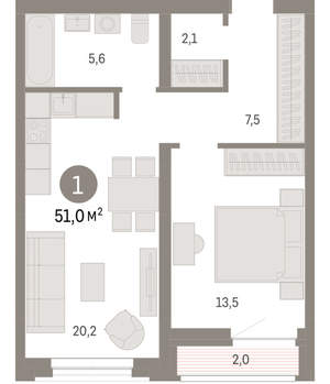 1-к квартира, вторичка, 51м2, 6/10 этаж