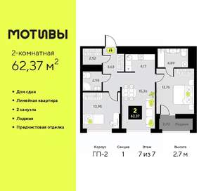 2-к квартира, сданный дом, 62м2, 7/7 этаж