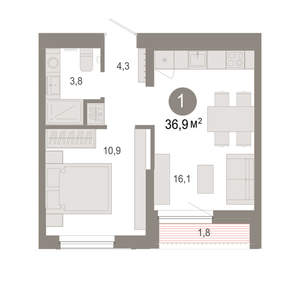 1-к квартира, вторичка, 37м2, 2/17 этаж