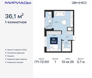 1-к квартира, вторичка, 36м2, 13/25 этаж